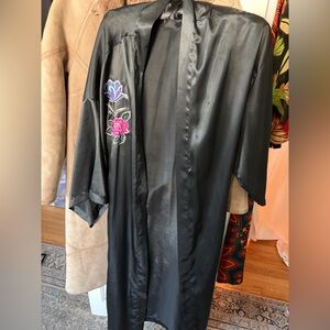 Vintage Black Satin Robe with Floral Embroidery